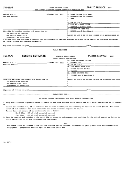 Form T69-Esps - Declaration Of Public Service Corporation Estimated Tax - 2007 Printable pdf