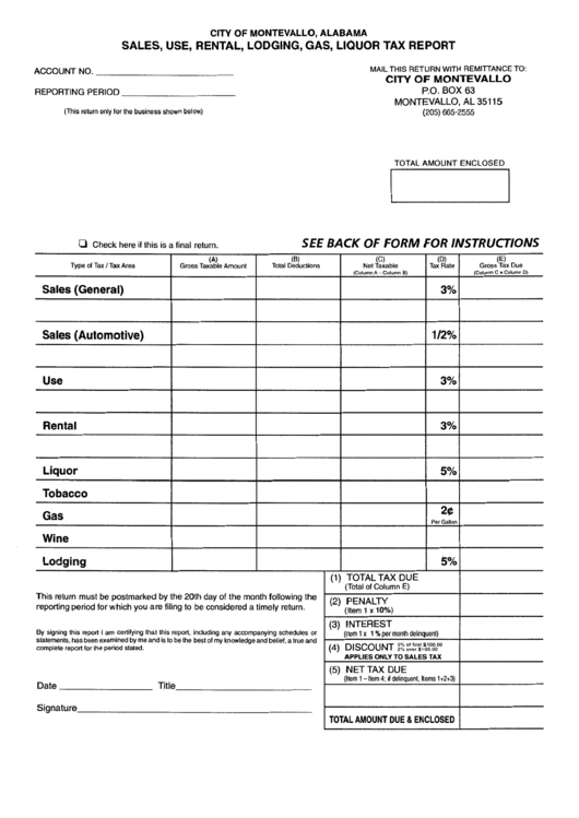 Sales, Use, Rental, Lodging, Gas, Liquor Tax Report Form Printable pdf