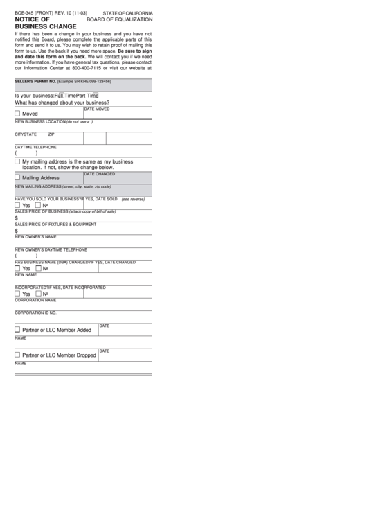 Fillable Form Boe-345 (Front) - Notice Of Business Change Printable pdf
