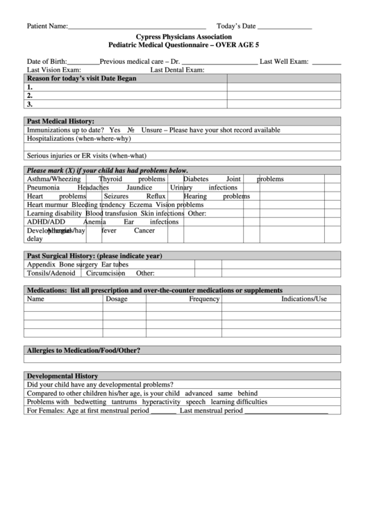 Pediatric Medical Questionnaire - Over Age 5 Printable pdf