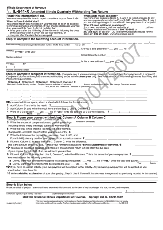Form Il-941-X Draft - Amended Illinois Quarterly Withholding Tax Return Printable pdf
