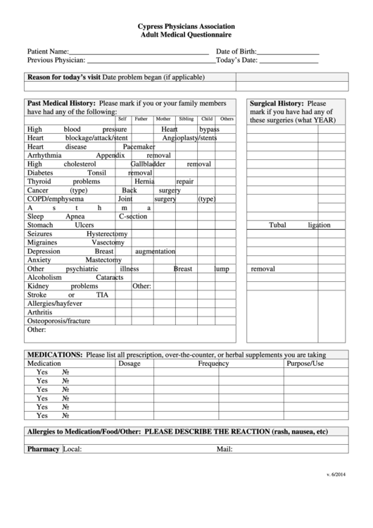 Adult Medical Questionnaire printable pdf download