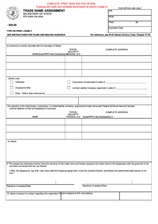 Fillable Form Sfn 53850 - Trade Name Assignment Printable pdf