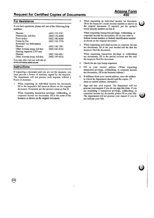Instructions For Arizona Form 450 - Request For Certified Copies Of Documents Printable pdf