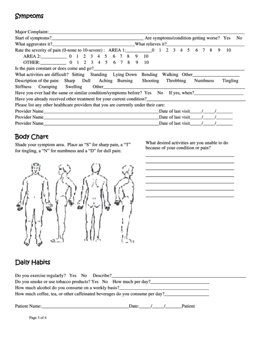 Body Pain Location Chart With Symptoms Questionnaire Printable pdf