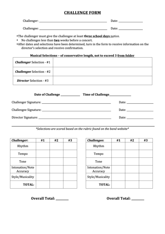 Challenge Form (Music) Printable pdf