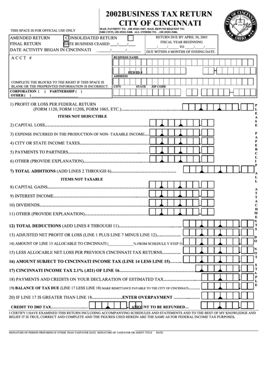 Business Tax Return Form/schedule Y Business Allocation Formula - City Of Cincinnati - 2002 Printable pdf