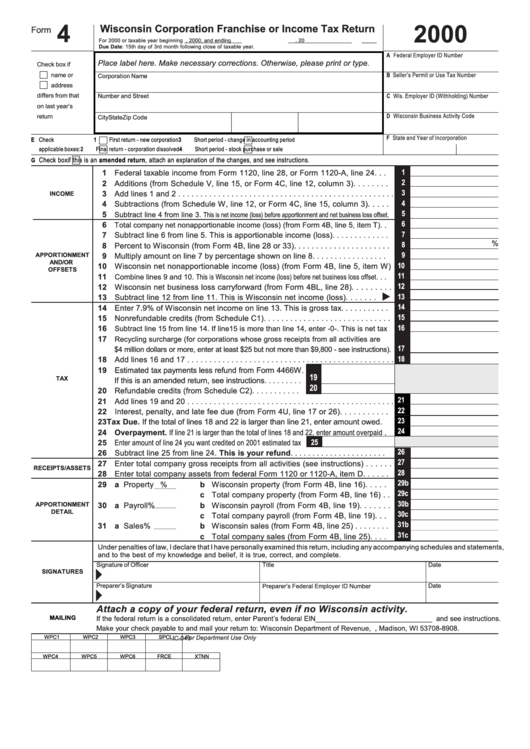 Form 4 - Wisconsin Corporation Franchise Or Income Tax Return - 2000 Printable pdf