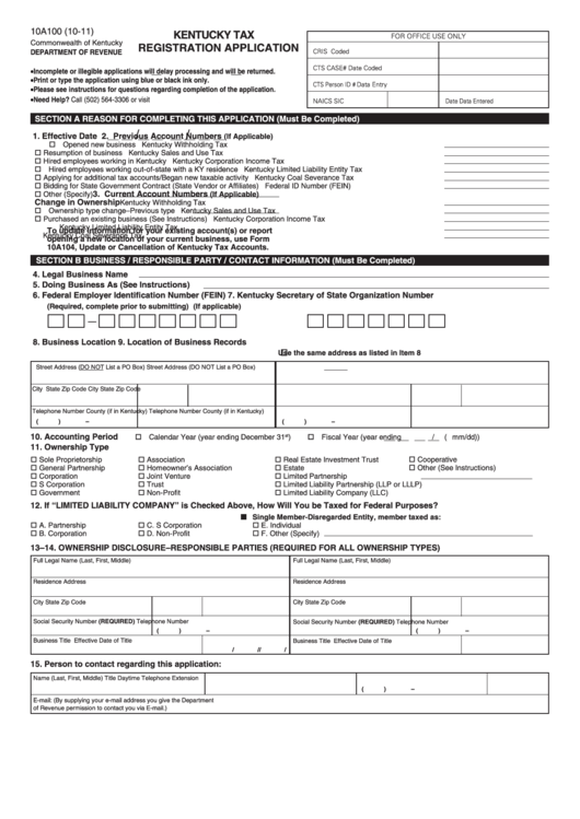 Form 10a100 - Kentucky Tax Registration Application Printable pdf