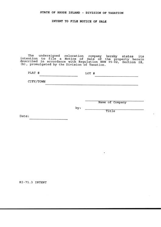 Fillable Form Ri-71.3 - Intent To File Notice Of Sale Printable pdf