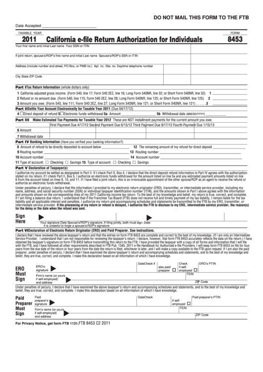 Fillable Form 8453 - California E-File Return Authorization For Individuals - 2011 Printable pdf