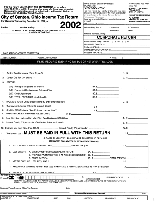 Income Tax Return - 2002 - City Of Canton printable pdf download