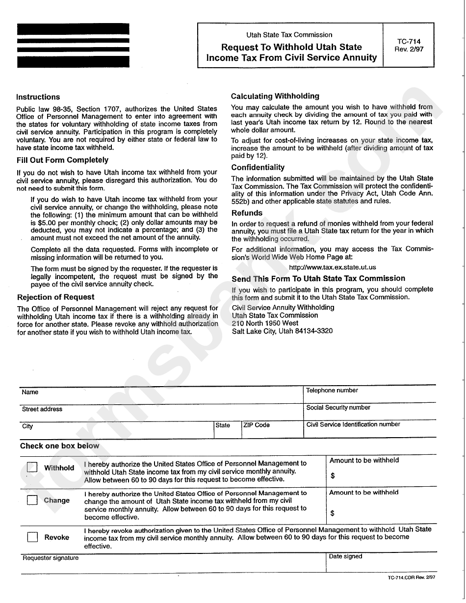 Form Tc-715 - Request To Withholding Utah State Income Tax From Civil Service Annuity