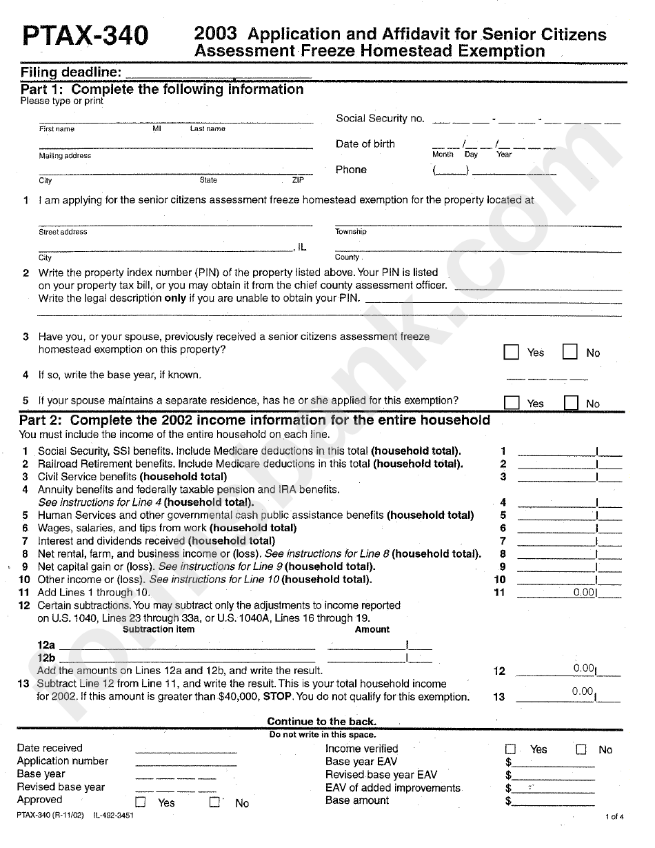 Form Ptax-340 - Application And Affidavit For Senior Citizens Assessment Freeze Homestead Exemption
