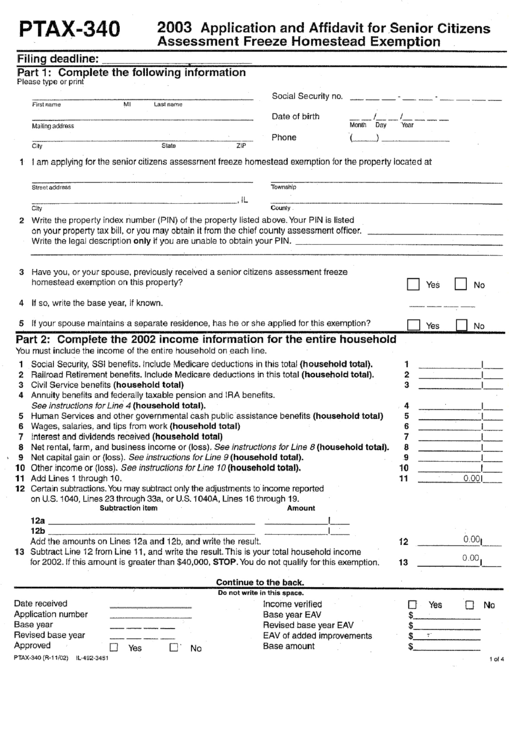 Form Ptax-340 - Application And Affidavit For Senior Citizens Assessment Freeze Homestead Exemption Printable pdf