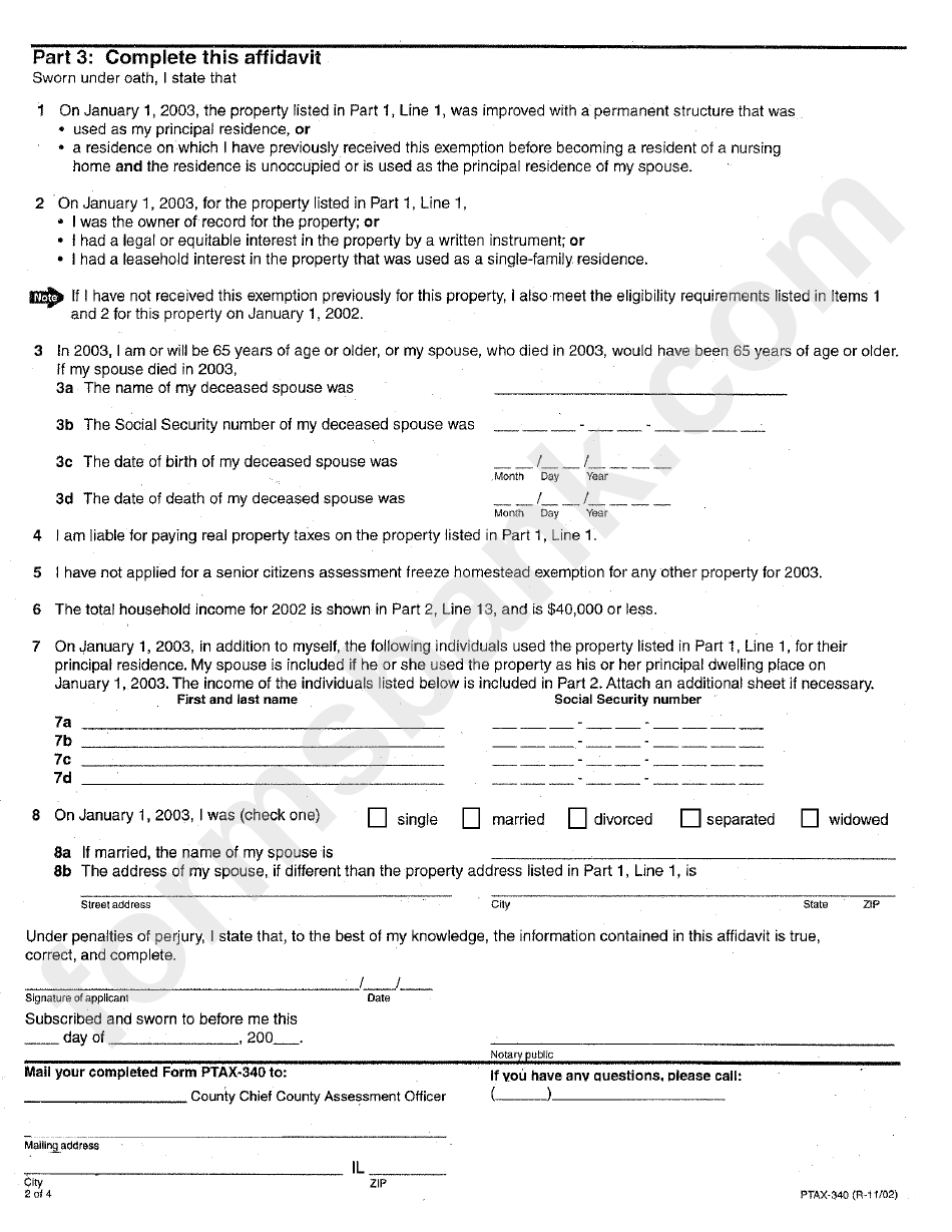 Form Ptax-340 - Application And Affidavit For Senior Citizens Assessment Freeze Homestead Exemption
