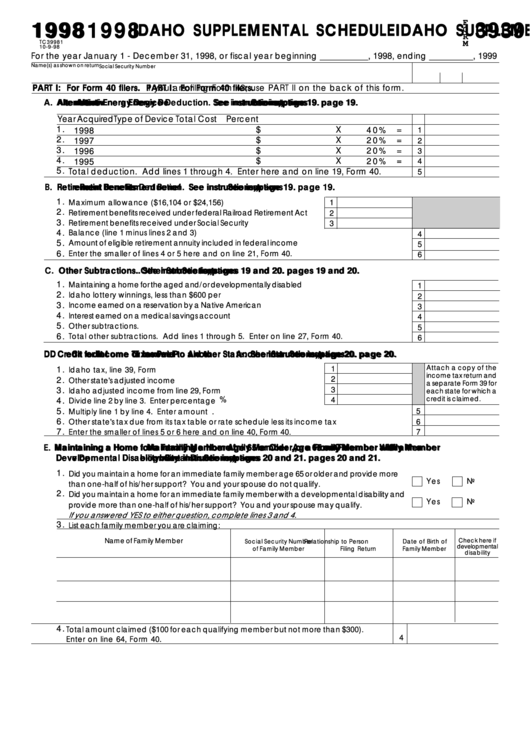 Fillable Form 39 - Idaho Supplemental Schedule - 1998 Printable pdf