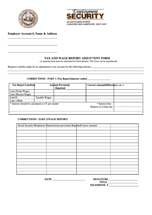 Tax And Wage Report Adjustment Form - Employment Security Printable pdf