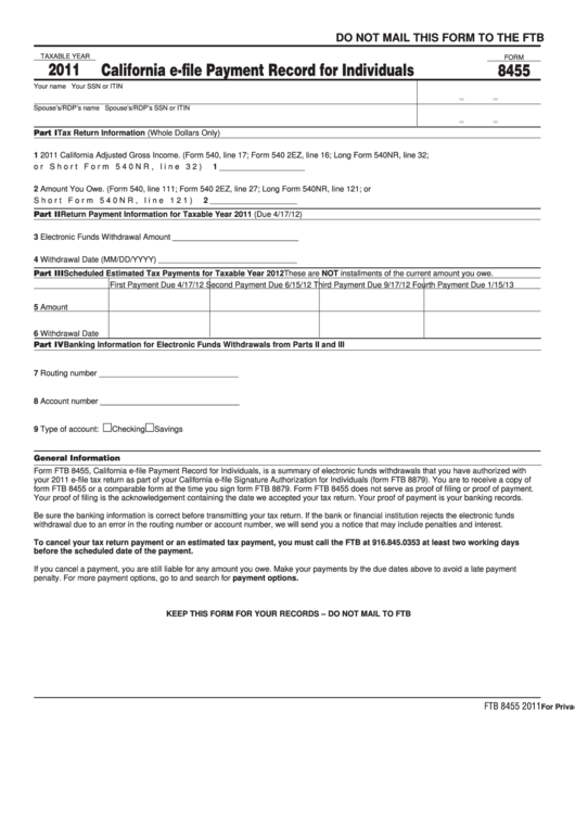 Fillable Form 8455 - California E-File Payment Record For Individuals - 2011 Printable pdf