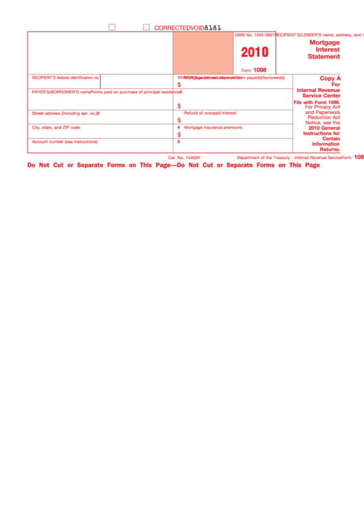 Form 1098 - Mortgage Interest Statement - 2010 Printable pdf