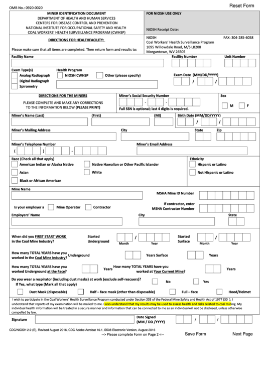 Fillable Form Cdc/niosh 2.9 (E) - Miner Identification Document - Department Of Health And Human Services Printable pdf