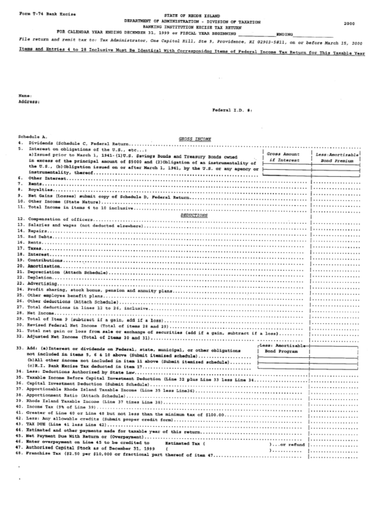 Form T-74 - Banking Institution Excise Tax Return - 2000 Printable pdf