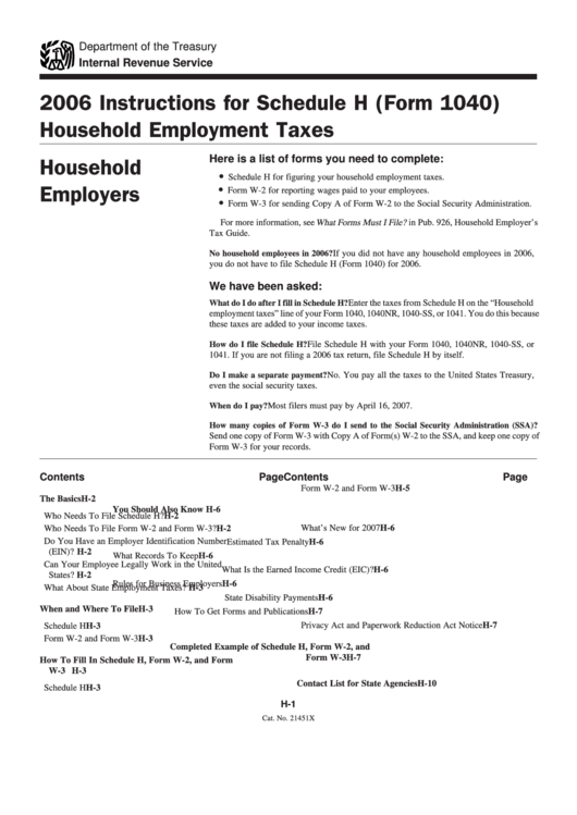 Instructions For Schedule H Household Employment Taxes (Form 1040) - 2006 Printable pdf