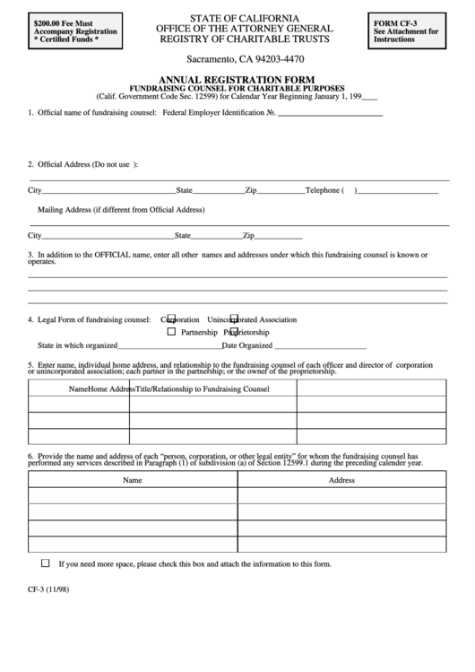Form Cf-3 - Annual Registration Form Fundraising Counsel For Charitable Purposes Printable pdf