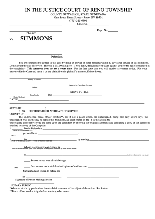 Fillable Summons - In The Justice Court Of Reno Township - County Of Washoe - State Of Nevada Form Printable pdf
