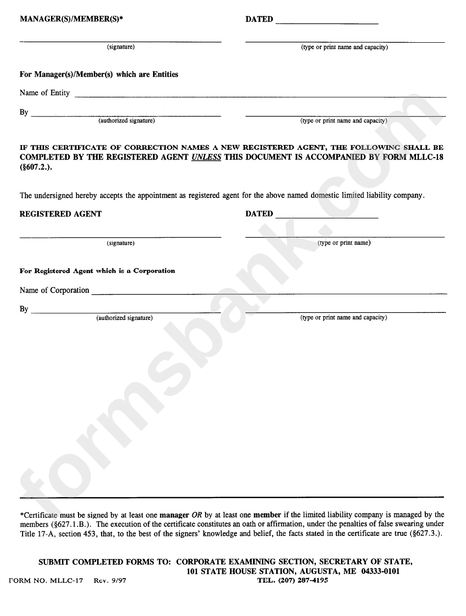 Form Mllc-17 - Certificate Of Correction