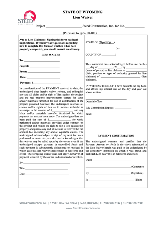 Fillable Lien Waiver - Payment Confirmation - Wyoming Printable pdf
