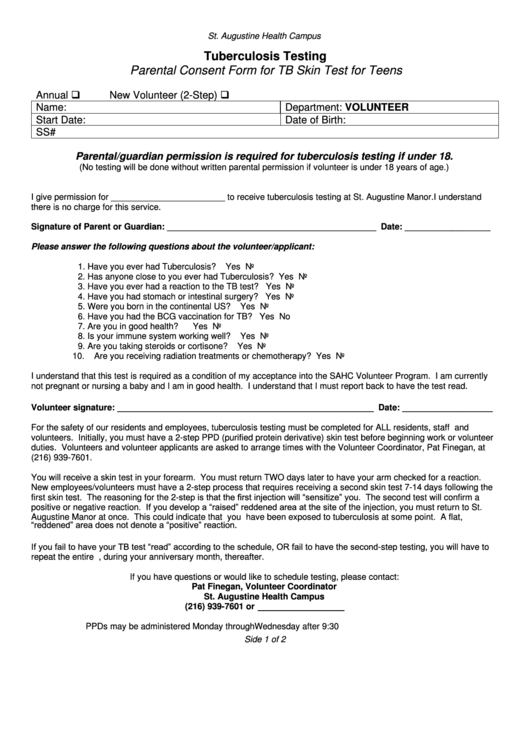 Tuberculosis Testing Parental Consent Form For Tb Skin Test For Teens Form Printable pdf