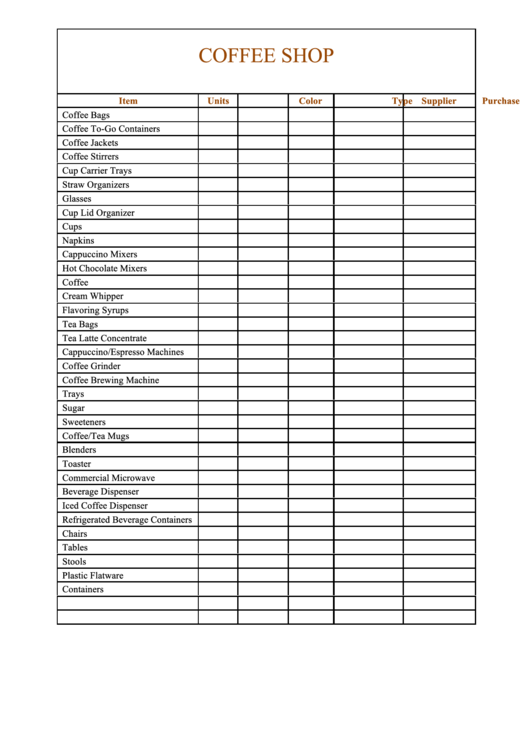 Coffee Shop Inventory Template printable pdf download