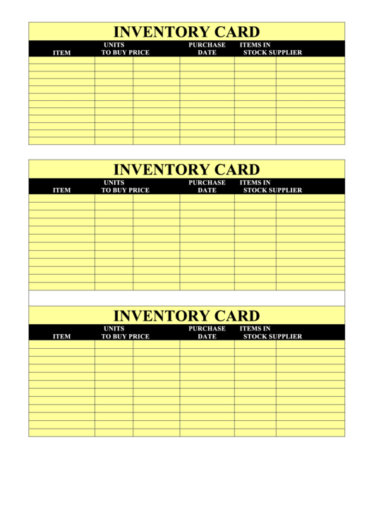 Inventory Card Template (Black On Yellow Background) Printable pdf