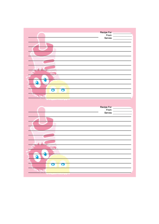 Pink Baby Bottle Monsters Recipe Card 4x6 Template Printable pdf