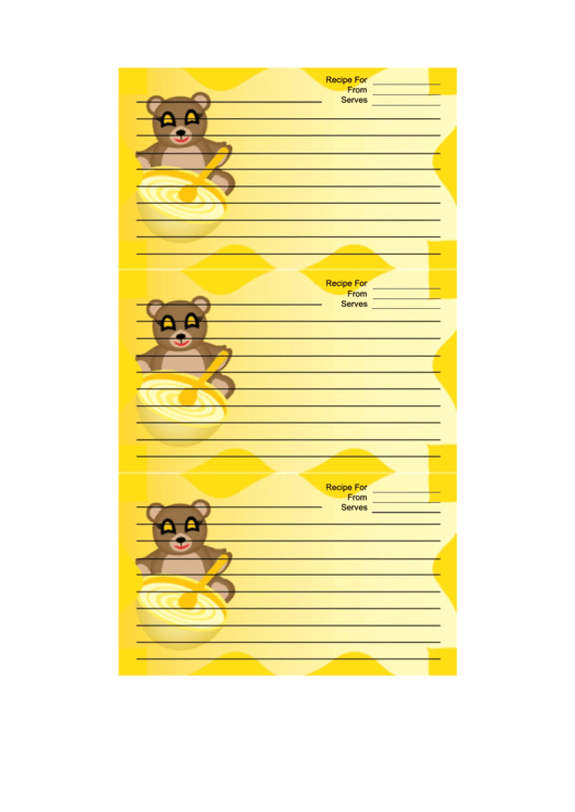 Teddy Bears Yellow Recipe Card Template Printable pdf