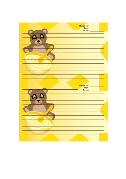 Teddy Bears Yellow Recipe Card 4x6 Printable pdf