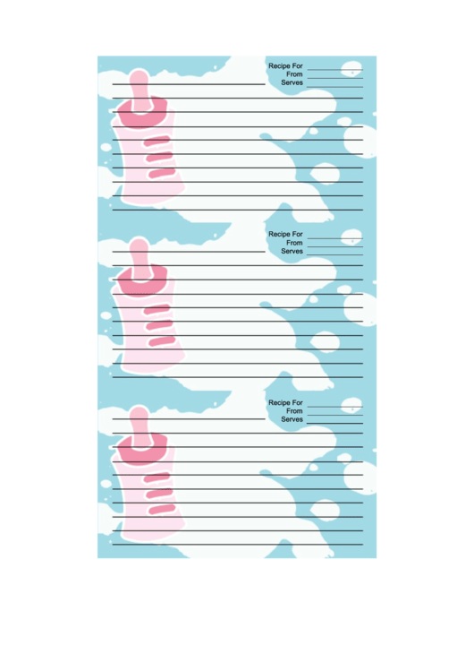 Pink Baby Bottle Blue Recipe Card Template Printable pdf