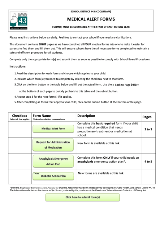 Fillable Medical Alert Form School District No. 43, Coquitlam School Board Printable pdf