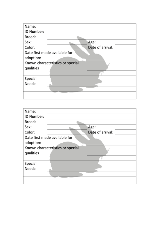 Rabbit Adoption Cage Card Template Printable pdf