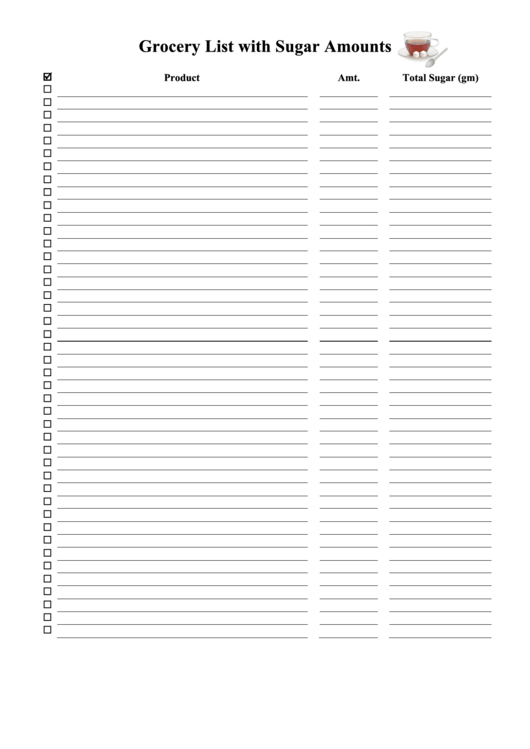 Grocery List Template With Sugar Amount Printable pdf