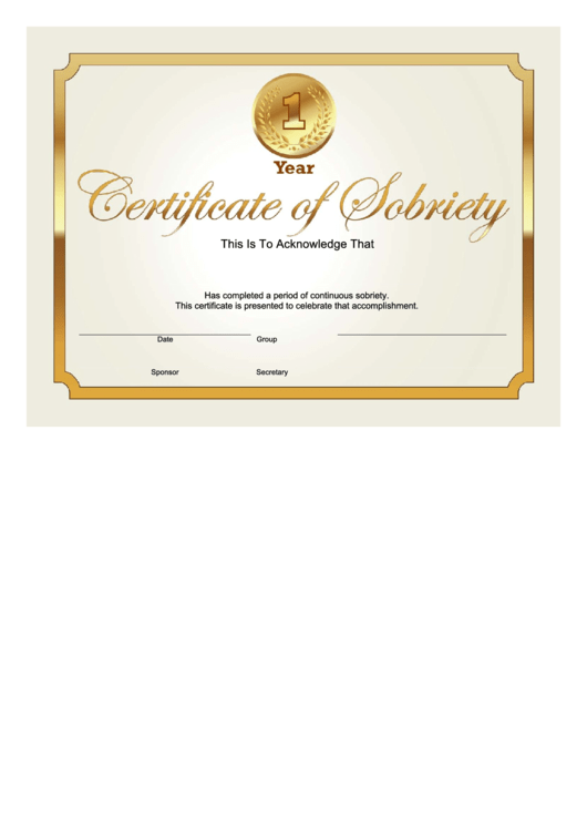 Sobriety Certificate Template - 1 Year - Gold printable pdf download