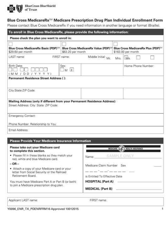 Fillable Medicare Prescription Drug Plan Individual Enrollment Form Printable pdf