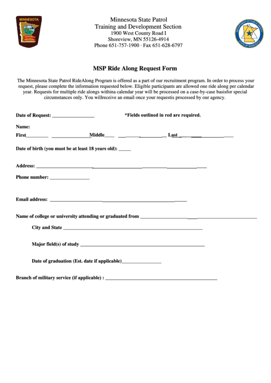 Fillable Msp Ride Along Request Form Printable pdf