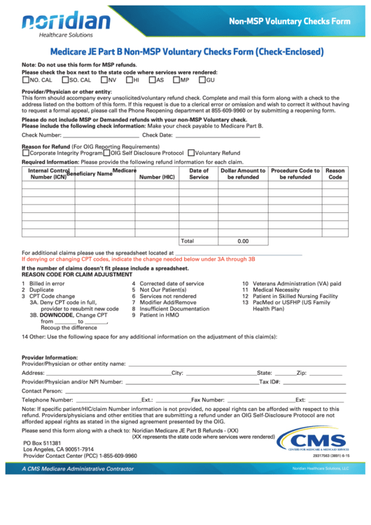 Fillable Medicare Je Part B Non-Msp Voluntary Checks Form (Check-Enclosed) Printable pdf
