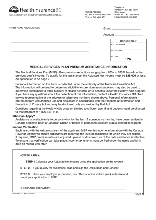 Medical Services Plan Premium Assistance Information Printable pdf