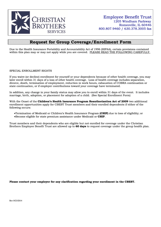 Fillable Request For Group Coverage/enrollment Form Printable pdf