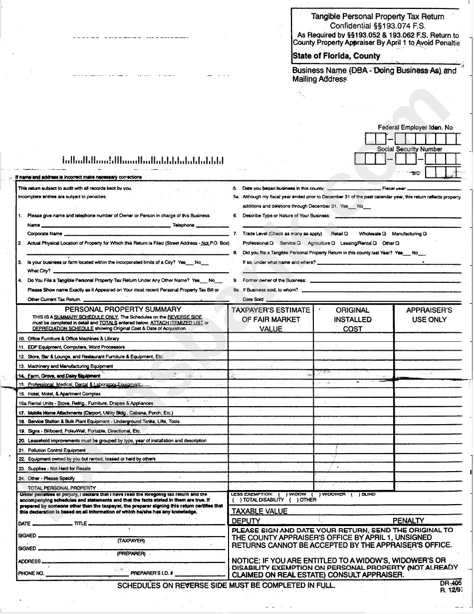 Form Dr-405 - Tangible Personal Property Tax Return