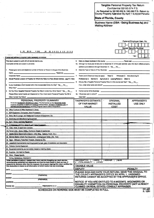 Fillable Form Dr-405 - Tangible Personal Property Tax Return Printable pdf