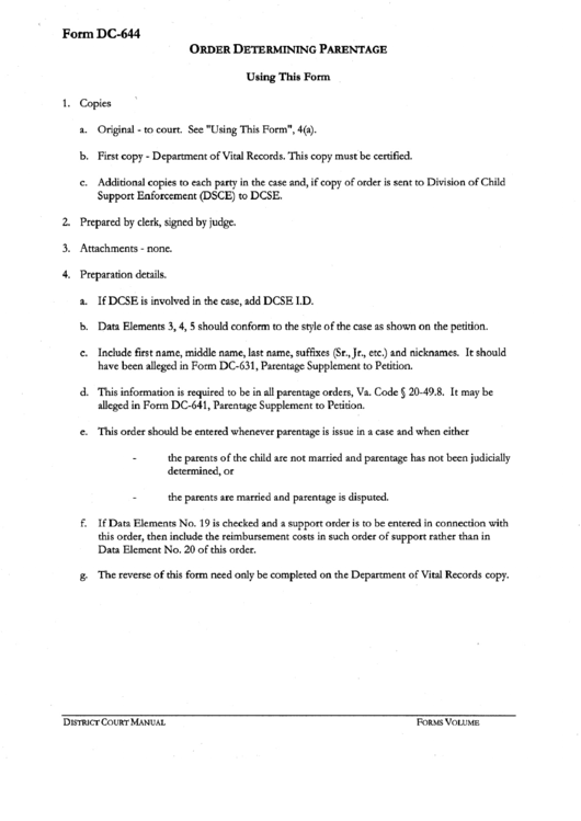 Form Dc-644 - Order Determining Parentage - 2001 Printable pdf